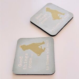 DOG IS GOOD “Good Things Come to Those Who Wait” 2 Foam Coasters Lt Blue & Gold